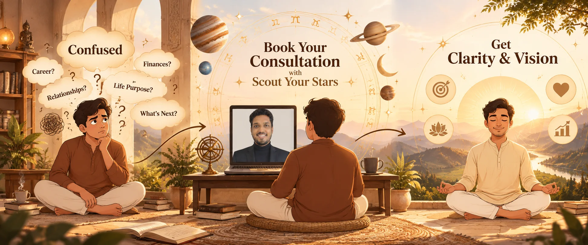 Three scenes: a young man puzzling over questions about his career, relationships, finances and life purpose; the same man on a video consultation with Sanidhya Tyagi of Scout Your Stars; and finally calm and clear, meditating at sunrise.